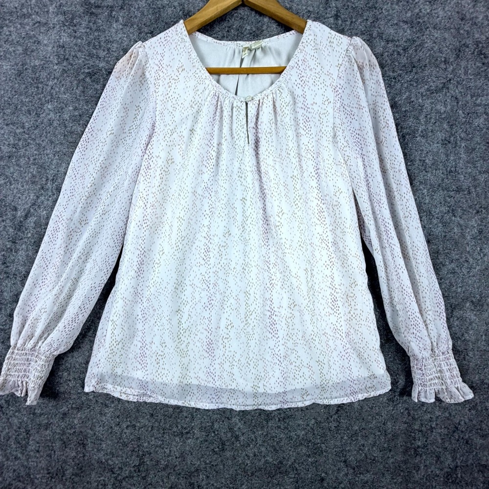 Japna Blouse Top Womens Medium White Pink Polka Dot Sheer‎ Cuffed Romantic Girly